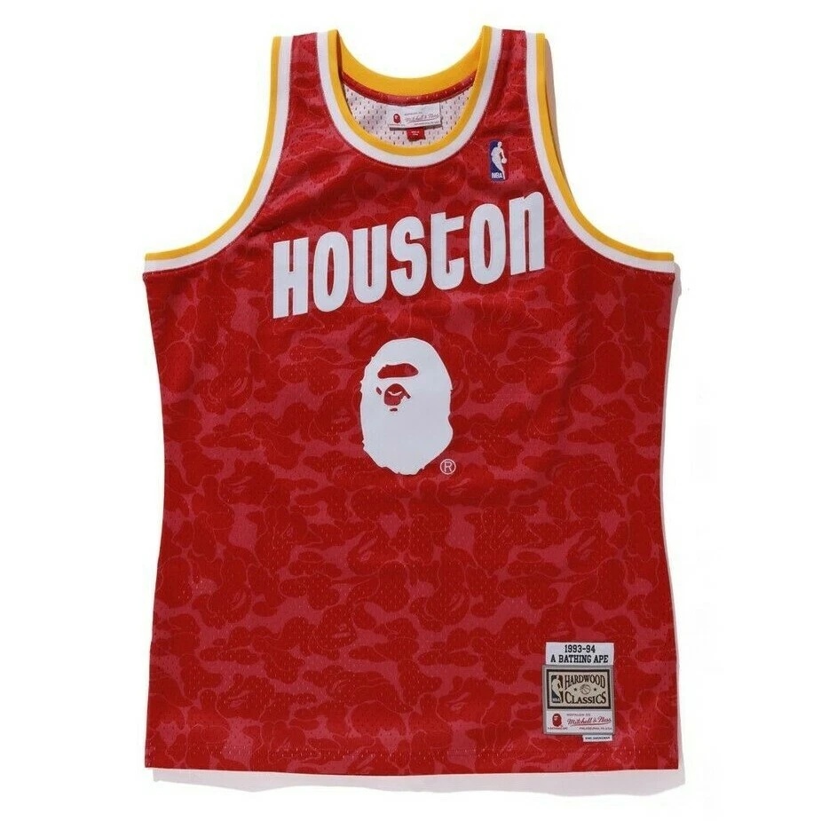 BAPE x Mitchell & Ness Houston Rockets Camo Basketball Swingman Jersey Red  S-M