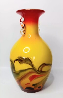 7,5'' VINTAGE CHINESISCHE DALIAN ''SCHNEEFLOCKE'' GELBE SWIRL MUNDGEBLASENE VASE.
