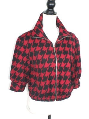 EXPRESS Jacket Red Black Hounds Tooth Coat Size Small Checkered Full Zip 3/4
