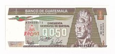 GUATEMALA-1/2 0.50 QUETZAL-1988-PICK 65-SERIAL NUMBER 0452857 , UNC .