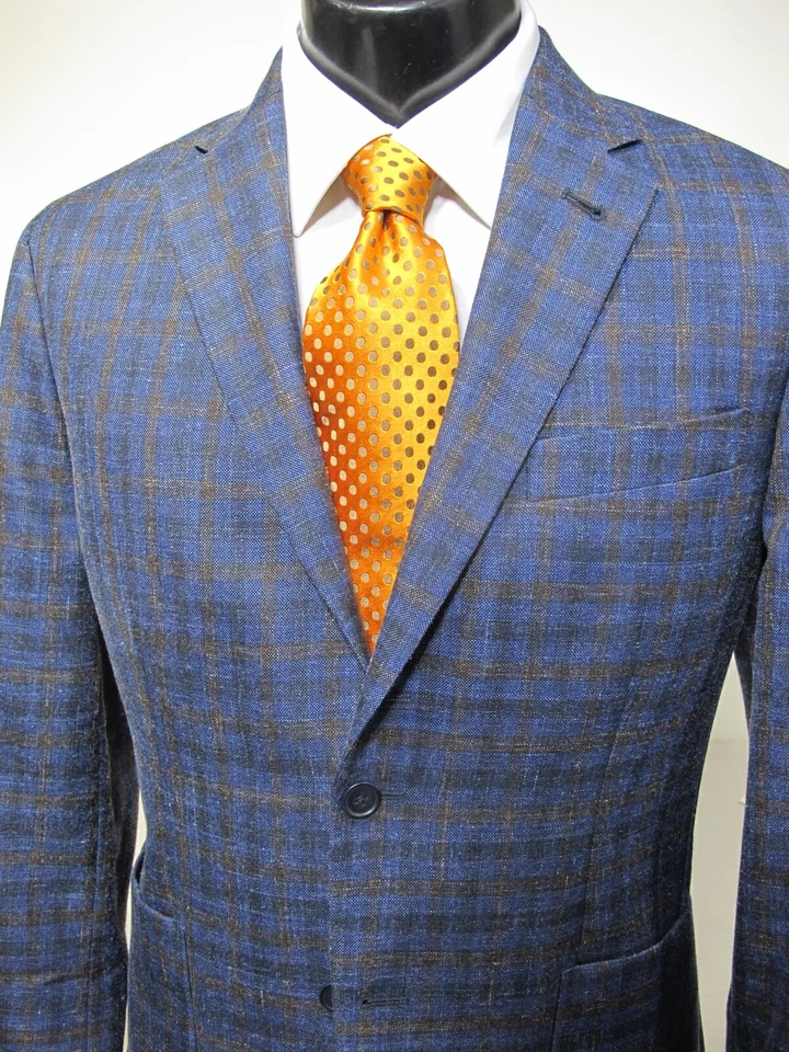 Nordstrom Navy Brown Check Sport Coat 40S Wool Linen Silk Zegna Tie - Image 2 of 4