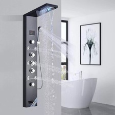 Brushed Black LED Shower Panel Tower System Rain Body Massage Jet With Tub Spout