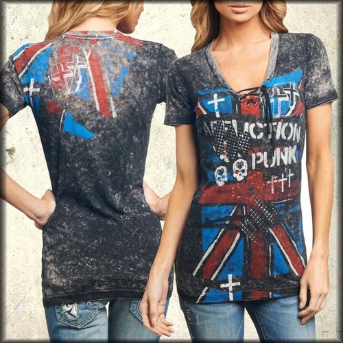 Affliction AC London Fog AW7941 Flagge Totenkopf Punk Damen VNeck T-Shirt schwarz XS-XL - Bild 1 von 5