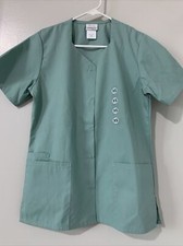 NWOT WOMEN'S SCRUB UNIFORM TOP  XS  WHITE SWAN  Sea Spray Green  Snaps NEW