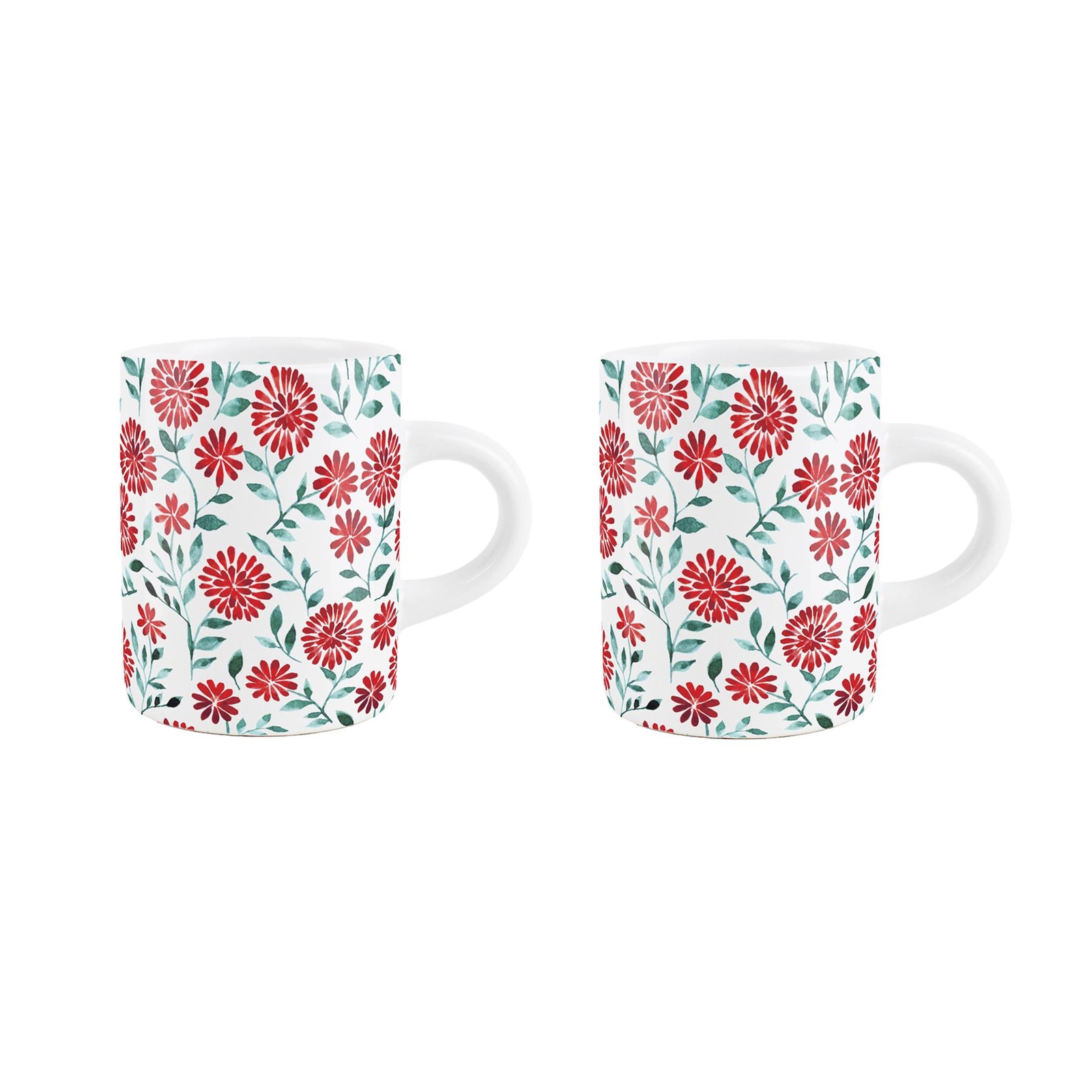 Red Flowers Espresso Cups Set of 2 - Pretty Ceramic Small Mugs Gifts for Her