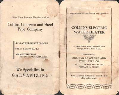 1940s COLLINS ELECTRIC WATER HEATER vintage instructions booklet PORTLAND OREGON