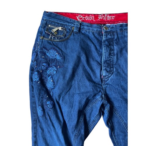 Crown Holder Cyber Y2K Jeans Mens 46 Embroidered Floral Button Fly Streetwear - Picture 3 of 15