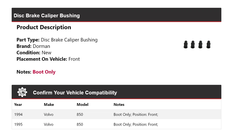 Bucha dianteira de pinça de freio a disco Volvo 850 Dorman 1994-1995 - Imagem 2 de 4