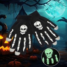 Half Finger Gloves Halloween Fluorescent Skull Hand Paw Print Knit Warm No D0P1