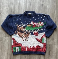 Tiara International Vintage Ugly Christmas Sweater Santa Sleigh Reindeer Navy M