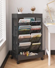 Rolling Book Cart Double-Sided Large Capacity Bookshelf on Wheels for Home, O...