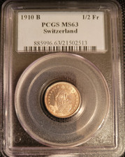 :1910 B 1/2-FRANC SWITZERLAND STANDING HELVETIA PCGS MS63 RARE R7 HIGHEST GRADES