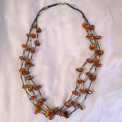 Vintage Baltic 3-Strand Brown Amber Nugget Necklace 26 inches
