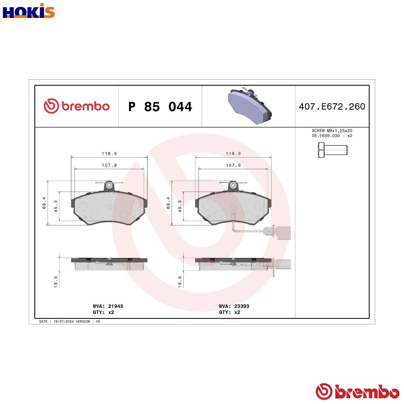 BRAKE PAD SET DISC BRAKE P 85 044 FOR VW SEAT AUDI A4/S4 AEB/AFY 1.8L AVB 1.9L