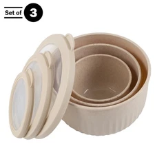 3 Beige Food Storage Nesting Bowls with Lids Freezer Microwave Safe