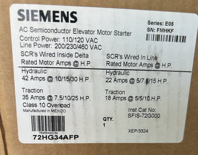SEIMENS AC Elevator Motor Starter Class 10 Overload Series E05 72HG34AFP
