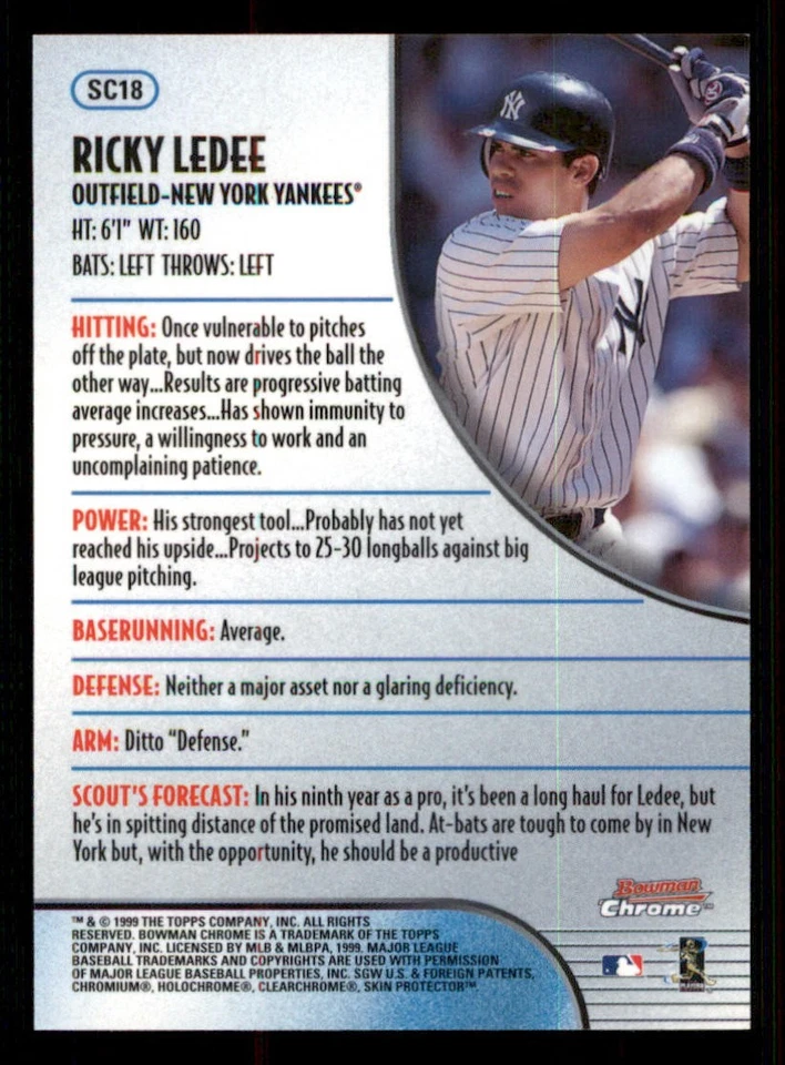 1999 Bowman Chrome Scout's Choice #SC18 Ricky Ledee - Image 2 of 2