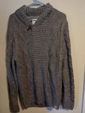 Weatherproof Vintage Cable Knit Sweater MEDIUM Brown Fisherman Toggle Shawl Neck