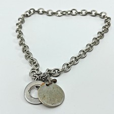 Vintage GUESS Y2K Silver Tone Logo Disc Toggle Necklace Amore Love French Script