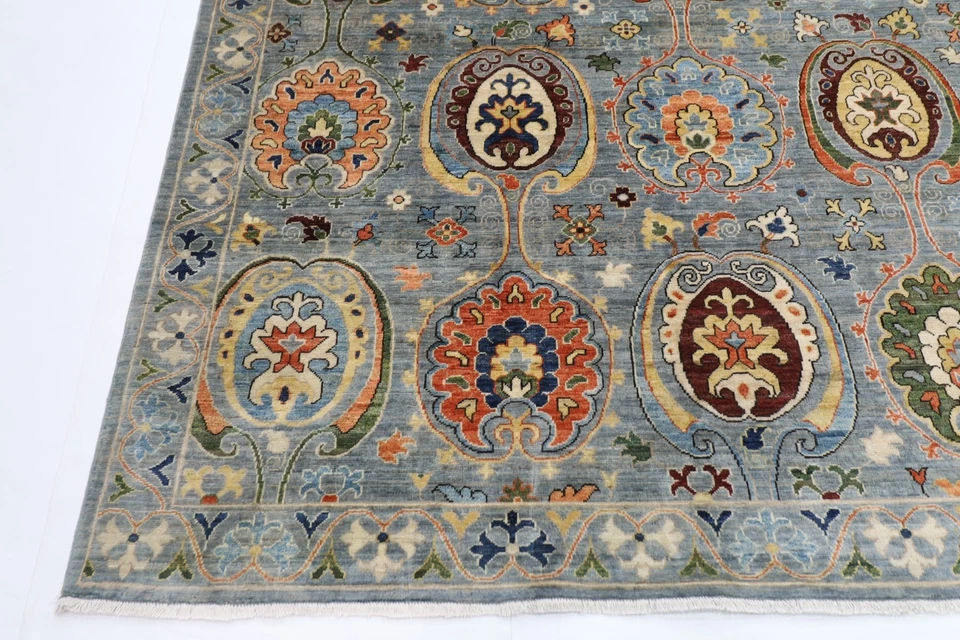 10 x 14 ft Suzani Gray Area Rug Afghan Hand Knotted Veg Dye Wool oriental Rug - Image 3 of 4