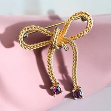 Vintage MONET Bow Ribbon Love Knot Brooch Pin Gold Plated Lavender Stones EPOC