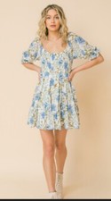 Floral Scoop Neck Puff Sleeve Tiered Casual Mini Dress size S