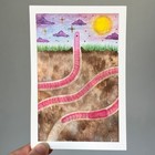 Original Watercolor Painting 4X6 Worm Dirt Twilight Sunset Stars Anomelina — photo 1