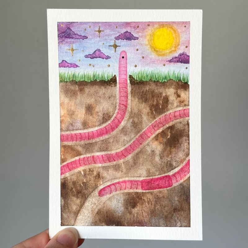 Original Watercolor Painting 4X6 Worm Dirt Twilight Sunset Stars Anomelina