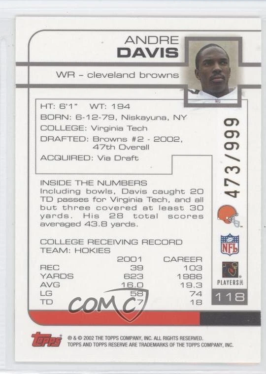 2002 Topps Reserve /999 Andra Davis Andre Davis #118 Rookie RC - Image 2 of 2