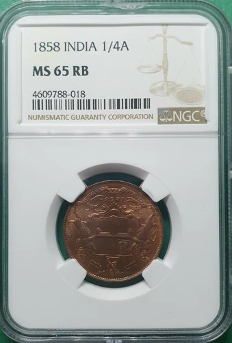1858 EAST INDIA COMPANY QUARTER 1/4 ANNA NGC MS 65 RB HIGH!