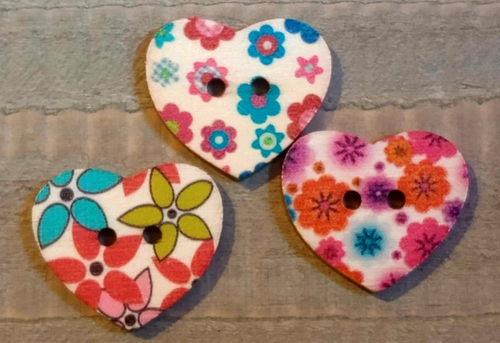 3 Flower Heart Sewing Buttons Crafting Wood 2 Hole 1"