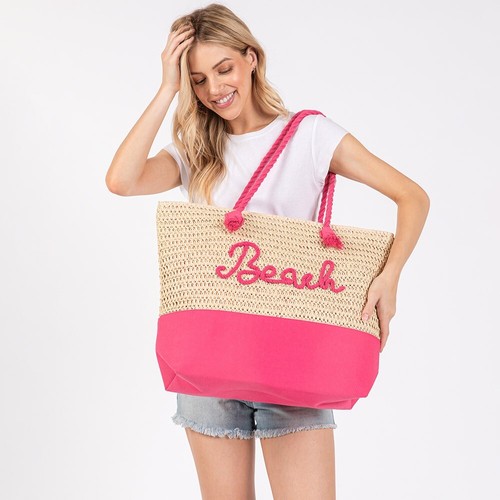 BEACH bestickte Häkeltasche mit Seilgriffen Sommer Strandtasche rosa - Bild 3 von 4