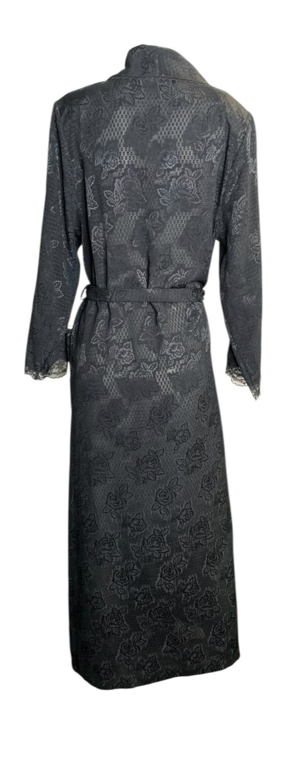 VTG Fantasies by Morgan Taylor Black Floral Jacquard Robe Lace Trim shoulder pad