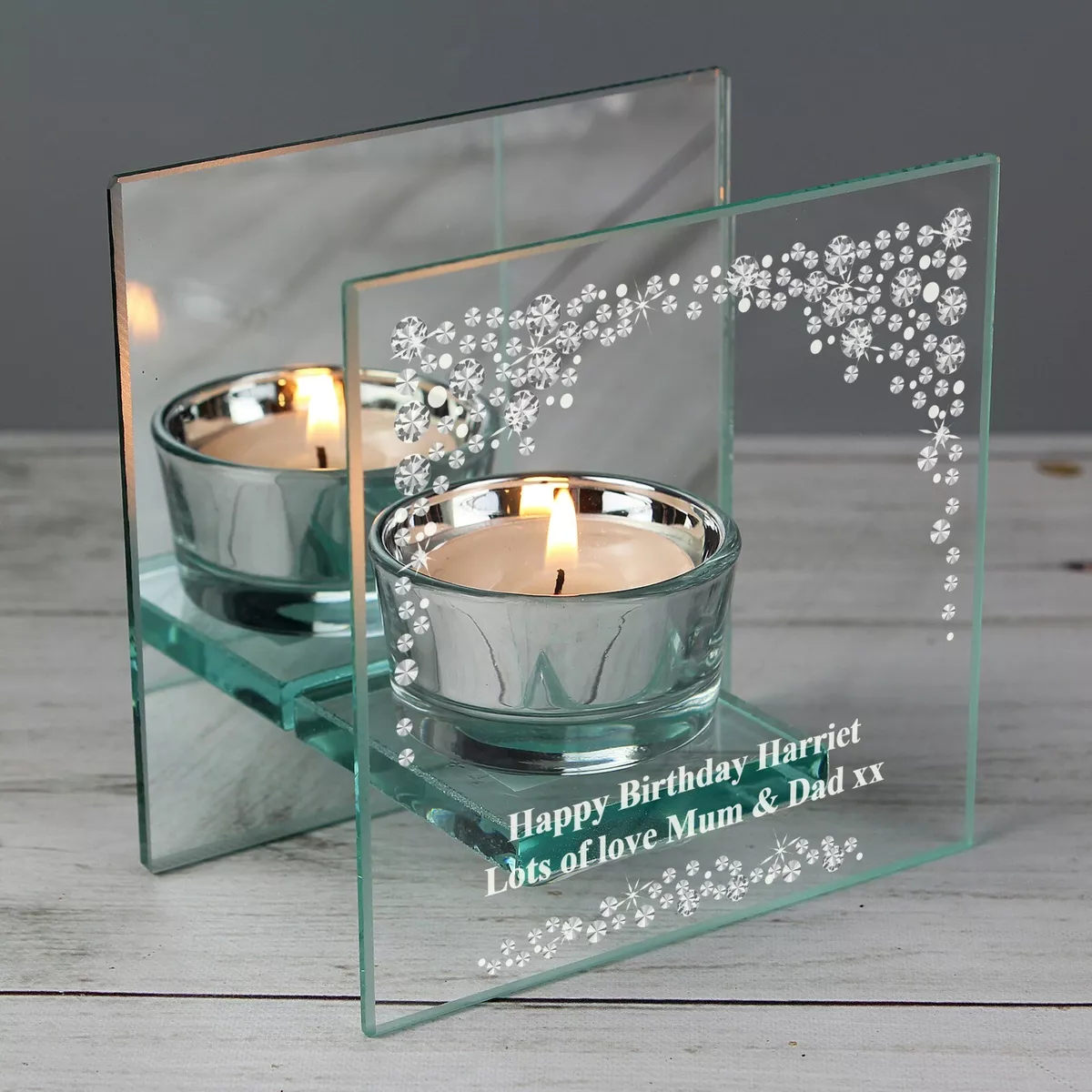 Personalised Diamante Mirrored Glass Tea Light Candle Holder Loving Memory Mum