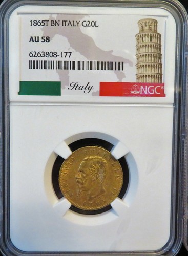 1865T BN Italy Gold 20 Lire NGC AU58 * FREE Shipping * - Picture 2 of 10