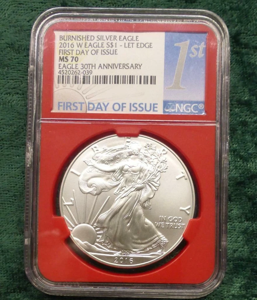 2016 W NGC MS 70 Lettered Edge Burnished Silver Eagle Dollar, Red Core Slab - Image 2 of 4