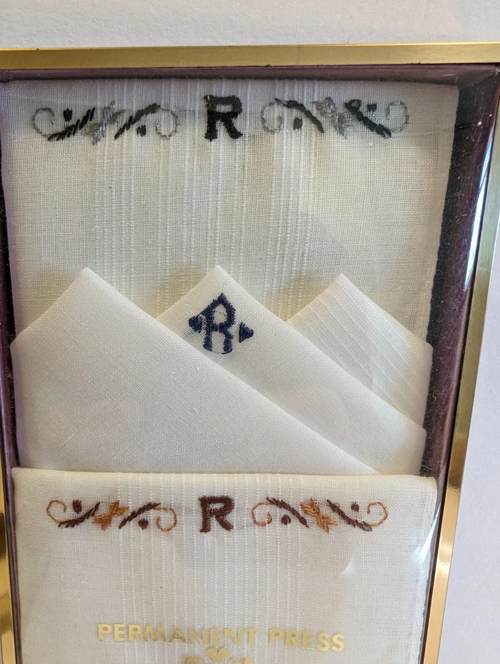 Pañuelos de Colección Para Hombre Bordados a Mano Inicial R Marrón Azul Negro Foto 4 de 4