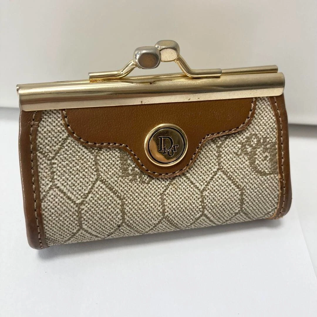 Authentique porte monnaie Christian Dior nid d'abeille en cuir beige quincaillerie dorée