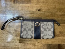 Coach Signature Stripe Tan Brown Zip Top Wristlet Wallet Purse