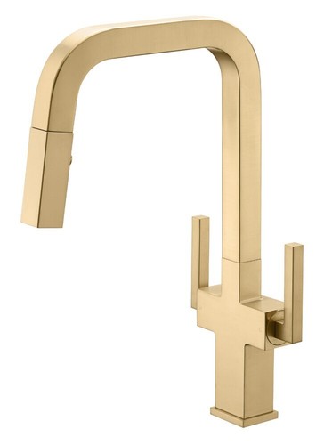 RUBINETTO CUCINA ESTRAIBILE QUADRATO A DUE MANIGLIE IN FINITURA ORO SATINATO - Foto 4 di 5