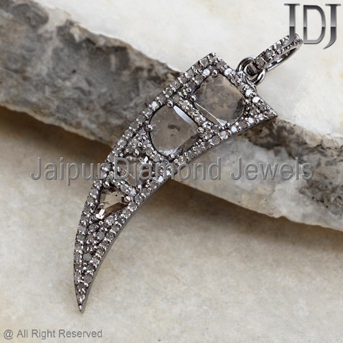 Slice Polki Natural Pave Diamond 925 Sterling Silver Designer Jewelry Pendant - Picture 2 of 6