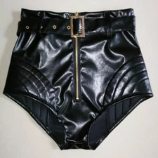 Women Shiny Faux Leather Hot Pants High Waist Shorts Belted Punk Dancewear Chic