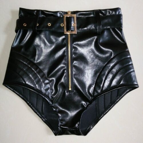 Sexy Faux Leather Shorts High Waist Belt Leopard Punk Rock Dance Hot Pants J1 - Picture 1 of 16