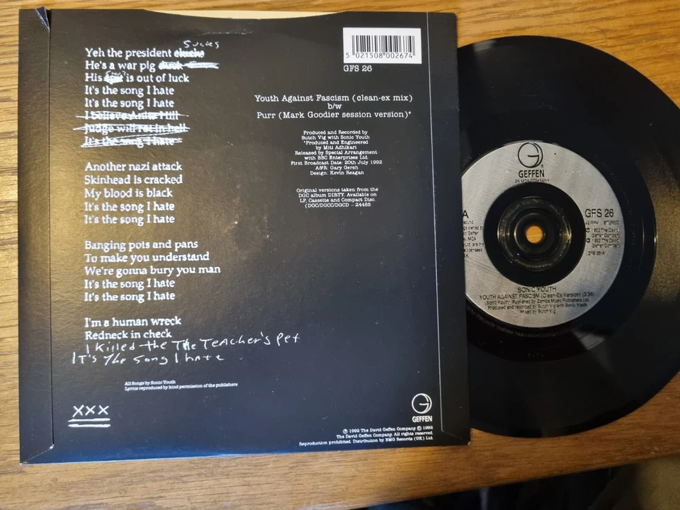 SONIC YOUTH - YOUTH AGAINST FASCISM 1992 Geffen Records 7” Single - Изображение 2 из 4