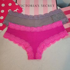 VS PINK 2pk Lace Trim Cotton Cheeky Panties Size Lg Pink Purple Glitter