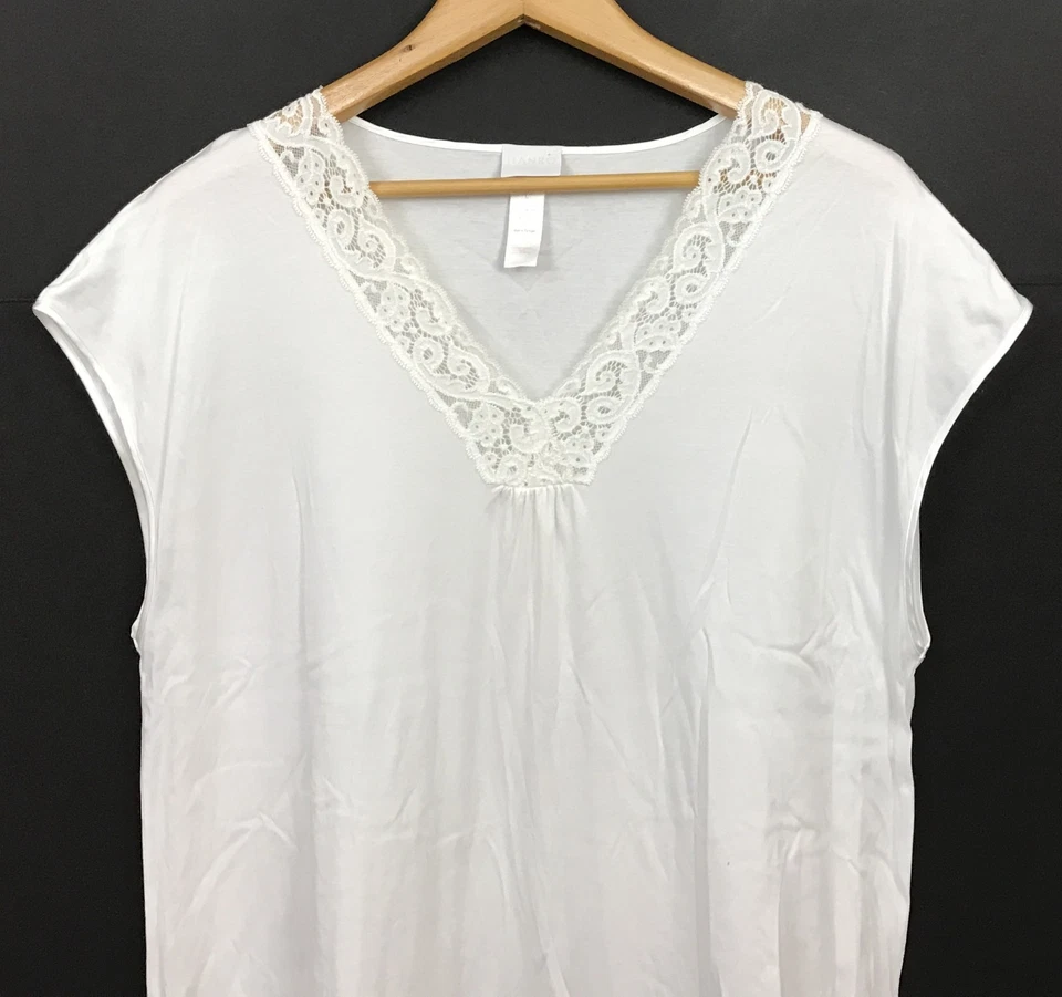 HANRO Lace Trim V-Neck Cotton Nightgown White Long Sleep Shirt Size L - Image 2 of 4