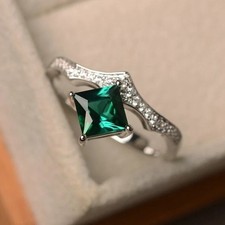 Princess Cut Emerald & Lab Created Diamond 14K White Gold FN Engagement Ring