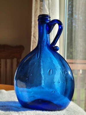 Rare Crude Cobalt Blue Open Pontil Flatten Handled Chestnut Flask Bottle Choice