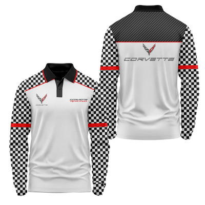 Custom Name Corvette C8 Racing 3D White Black Long Sleeve Polo Shirt Men S-5XL