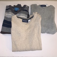 Set Of 3 The Childrens Place Boys Size M 7/8 V-Neck Pullover Sweaters Gray Tan